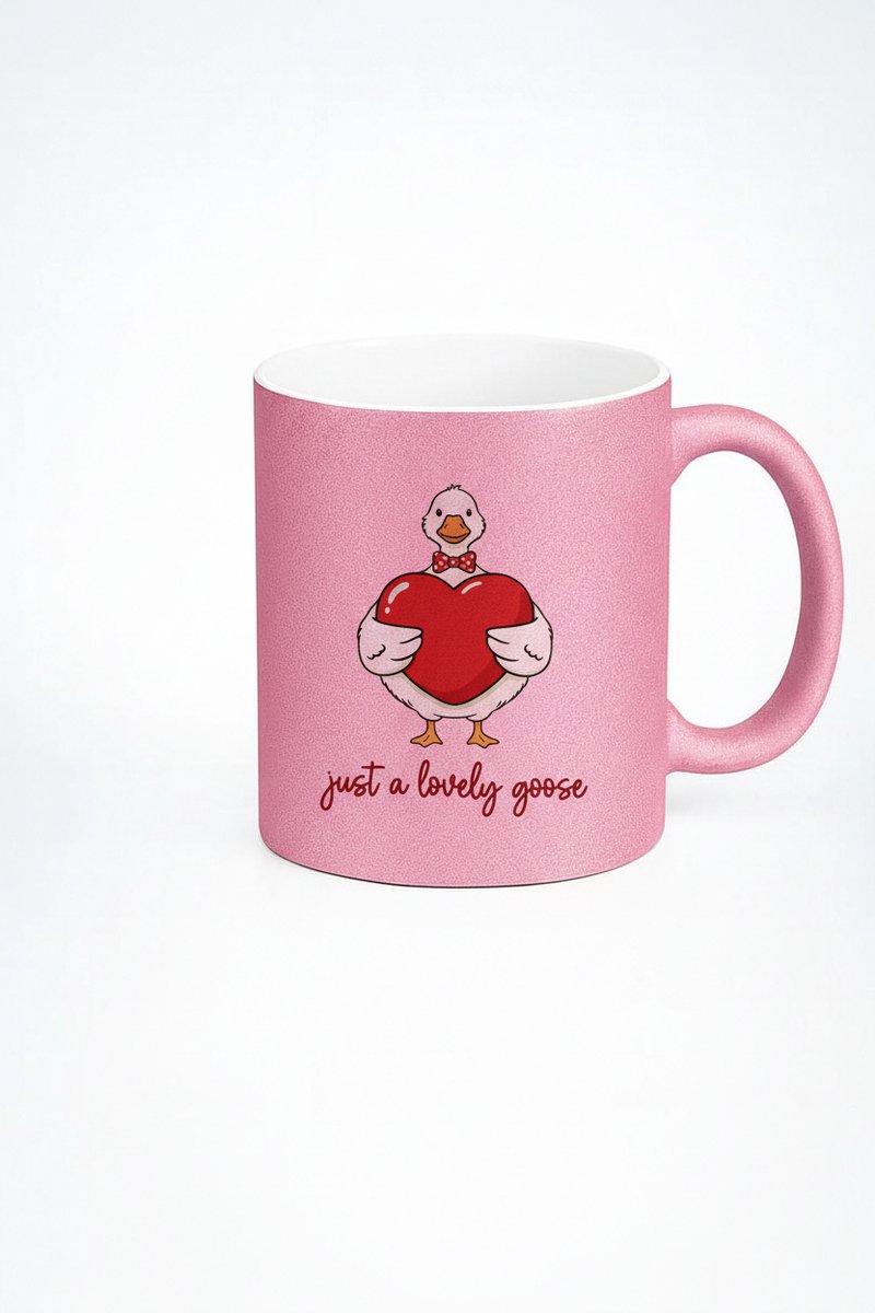 Roze Glitter Mok met Lieve Gans en Hart - "Just a Lovely Goose