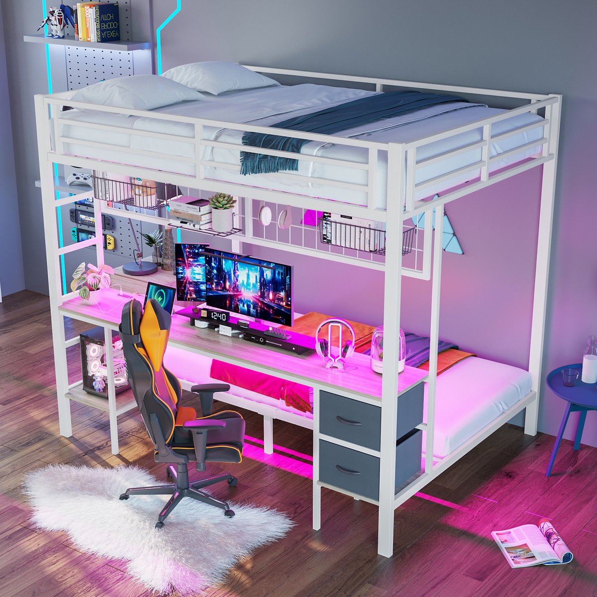 OKWISH Hoogslaper 140x200cm – Met Bureau En Opbergschuiven – Met Opbergrekken En Ophangrooster – Met Led Verlichting En Usb Aansluiting – Zonder Matras – Metaal – Wit
