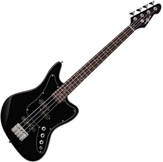 Zwarte Seattle short scale basgitaar met vier snaren, op een witte achtergrond.