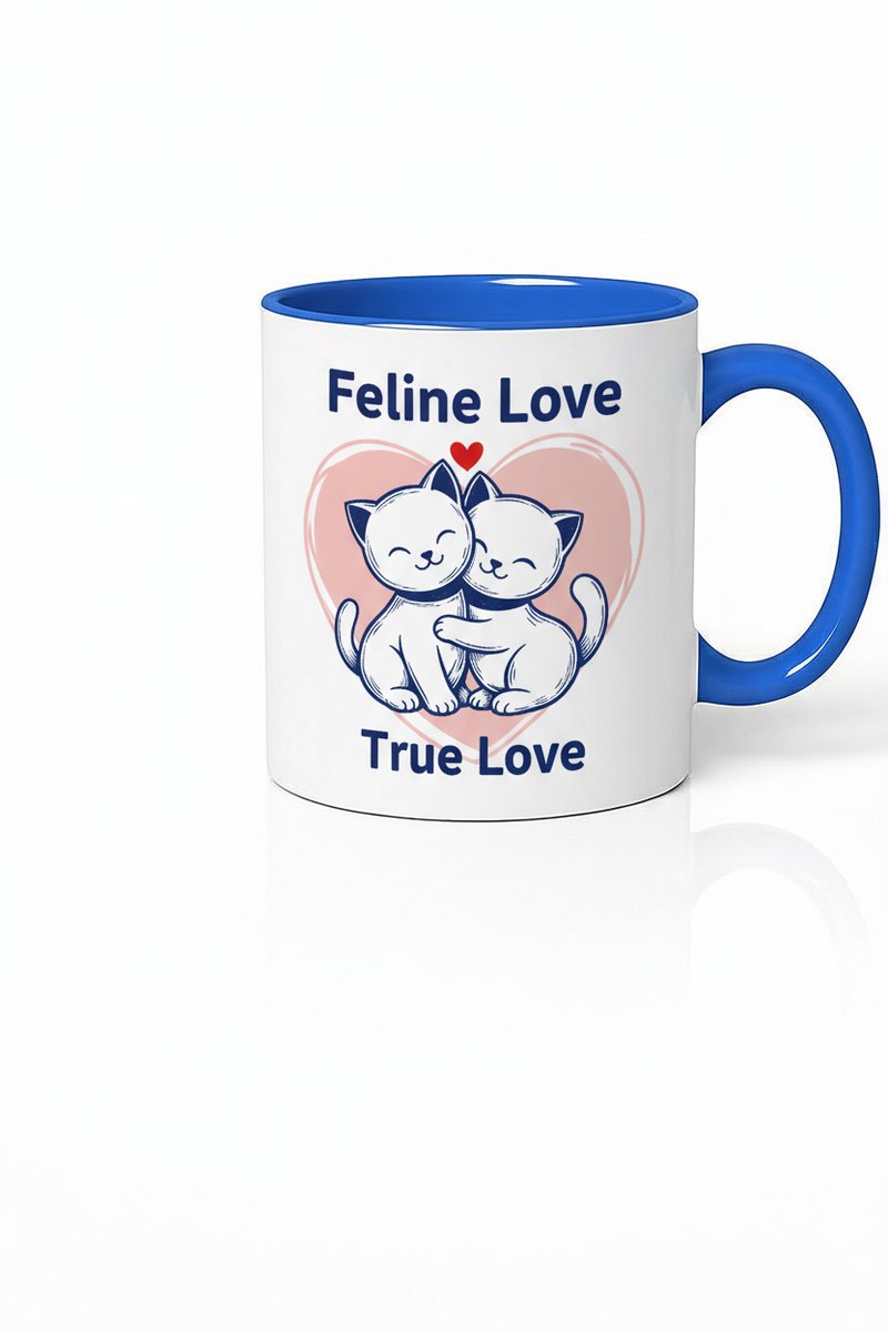 Feline Love True Love Katten Mok - Schattig Design met Blauwe Rand en Handgreep