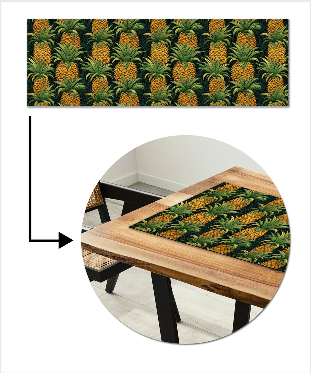 Tafelloper 150x50 cm - Tafelmat vinyl Illustratie - Patroon - Ananas - Tafeldecoratie - Tafelversiering - Keuken decoratie - Tafel versiering