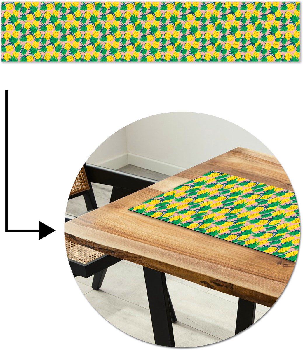 Tafelloper 200x40 cm - Tafelmat vinyl Ananas - Geel - Groen - Tropisch - Tafeldecoratie - Tafelversiering - Keuken decoratie - Tafel versiering