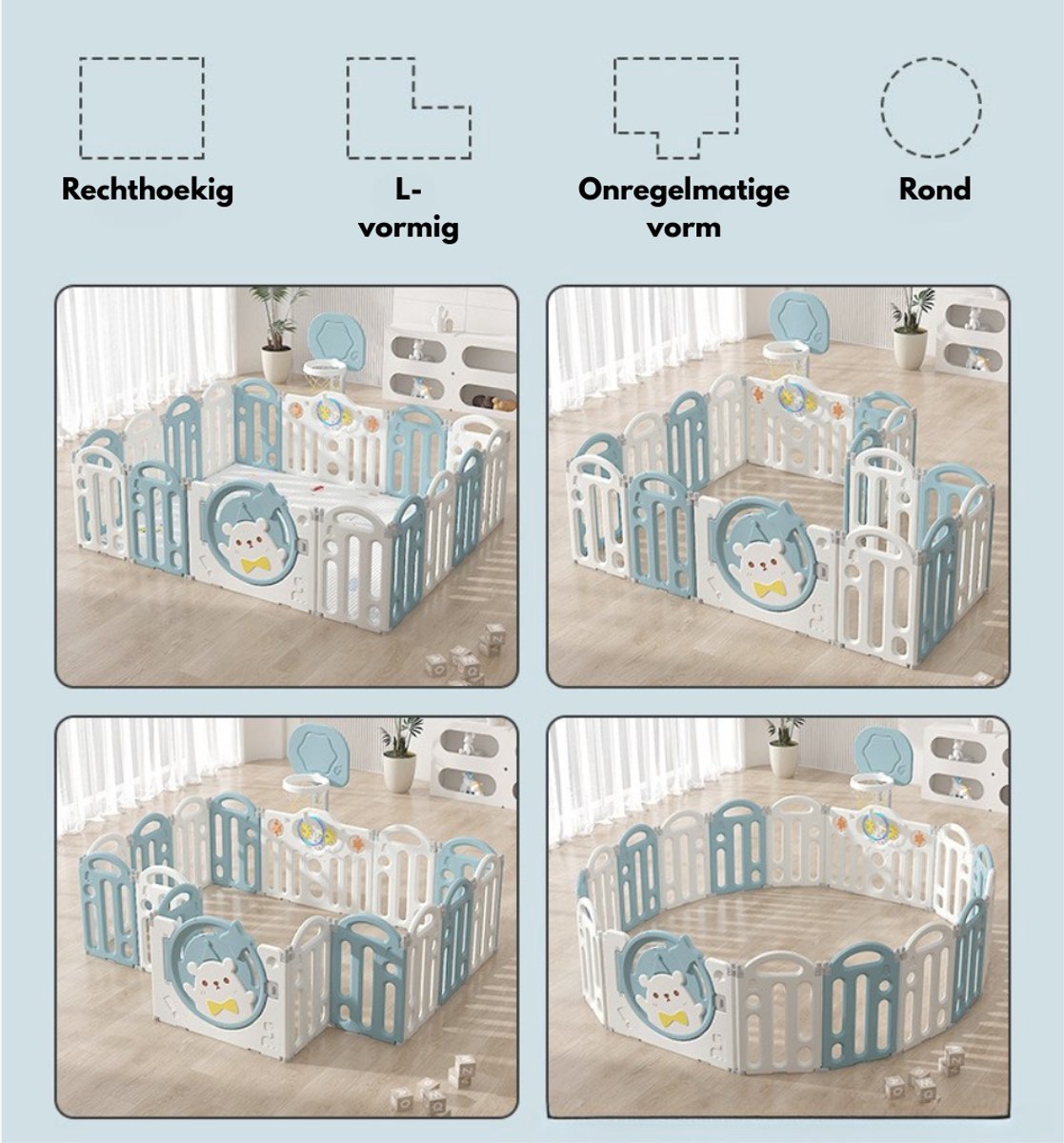 Livista Grondbox Baby –187x150x61cm – 14+2 Panelen – Inklapbare Speelbox met Beren-Thema – Verstelbare Basketbalring – Met Zuignappen – Inclusief Kruipmat – Veilig Kinderbox Playpen – foto 7