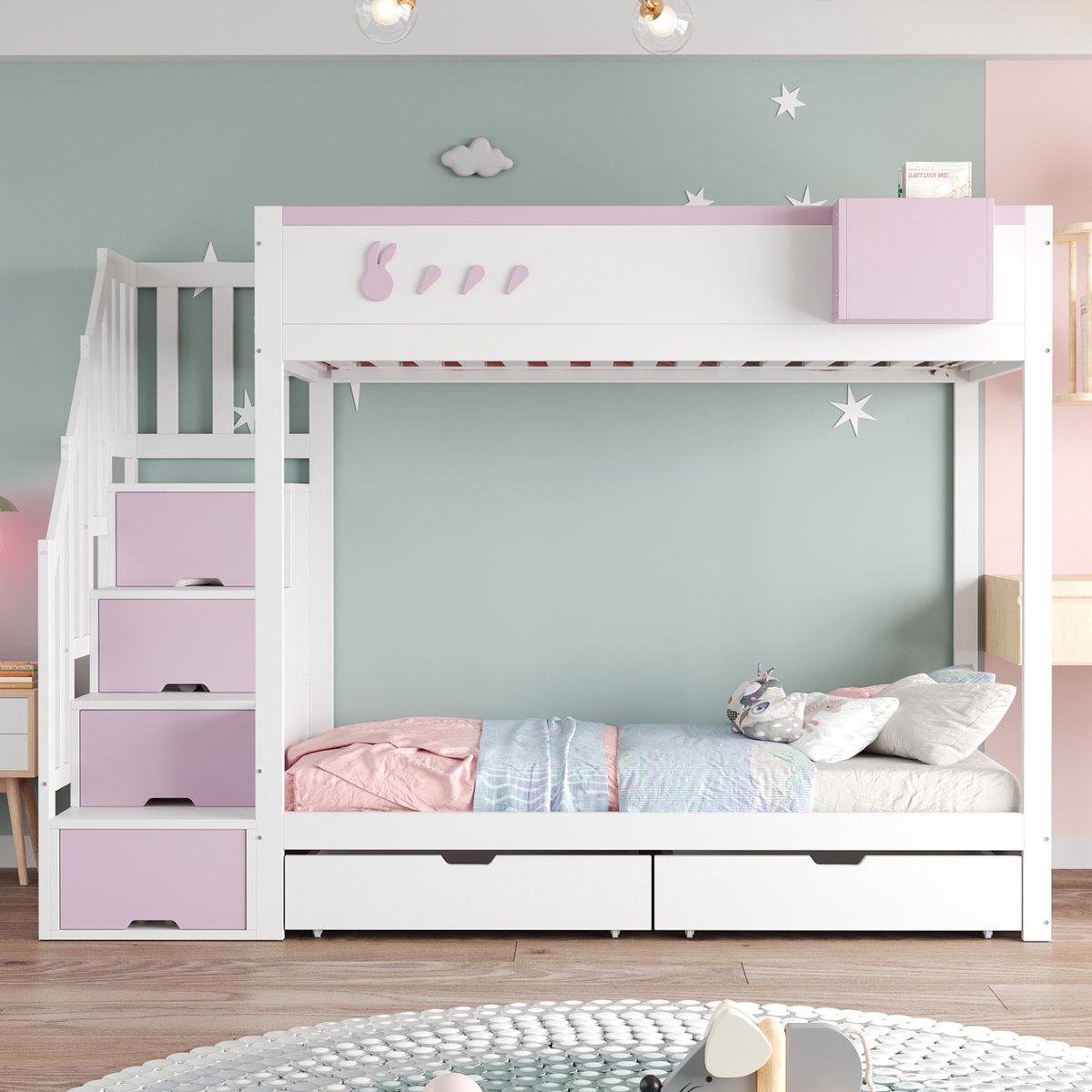 Kinderstapelbed 90x200 - Met Konijn En Wortel Motief - Met Opbergtrap Lades En Lattenbodem