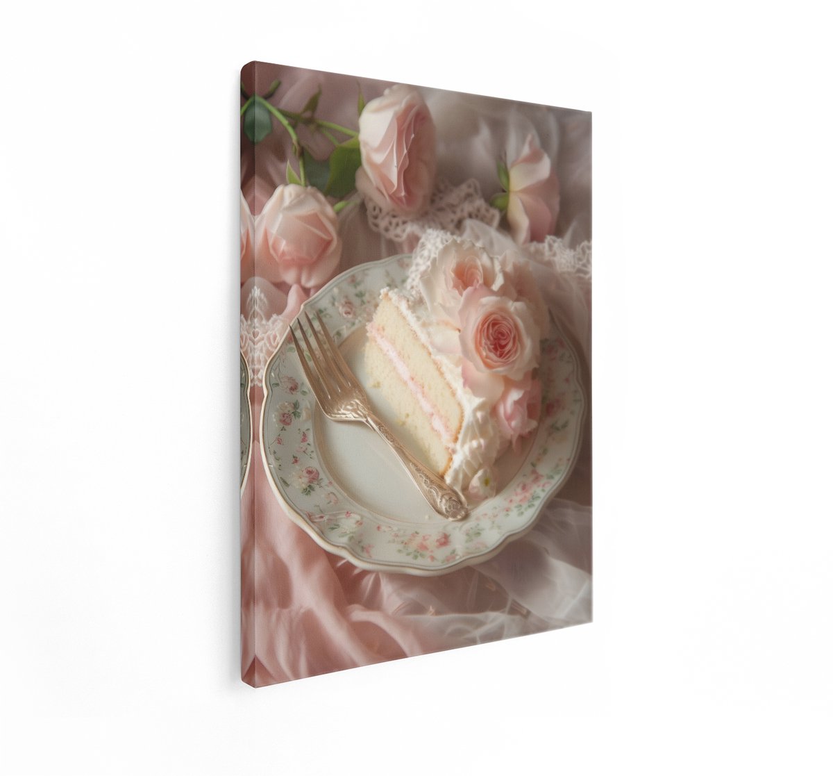 Artaza Canvas Schilderij Taartpunt - 90x120 cm - Wanddecoratie Roze Rozen - Muurdecoratie