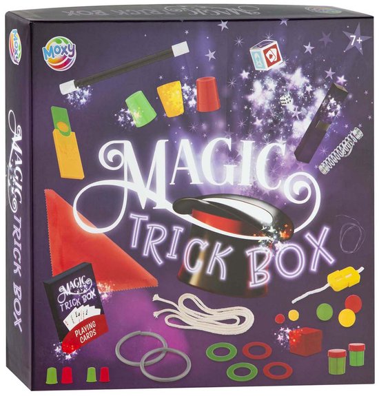 Moxy Magic Trick Box met toverstaf, hoed, doek en diverse accessoires.