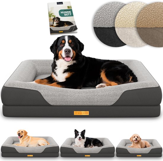 Grijze orthopedische hondenkussen met schapenvacht-look en dikke, donkergrijze rand. Bernese sennenhond ligt erop. Kleine honden op kleinere kussens.