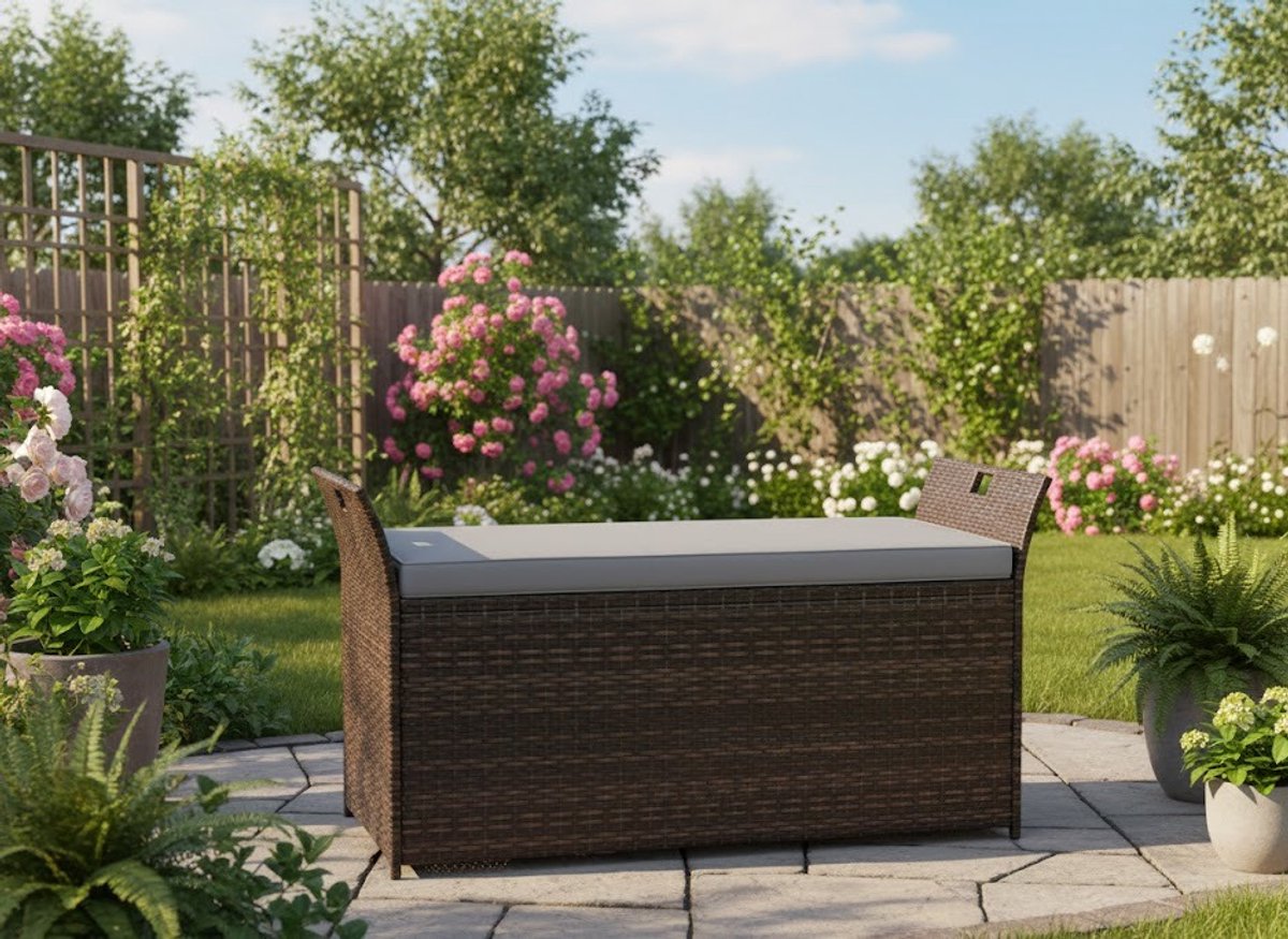 Luxe 2-Zits Tuinbank met Opbergruimte, Kussens en Handgrepen – Rattan Balkonbank, Patiobank en Opslagbox – Comfortabele Outdoor Sofa voor Tuin, Balkon en Terras House&Garden