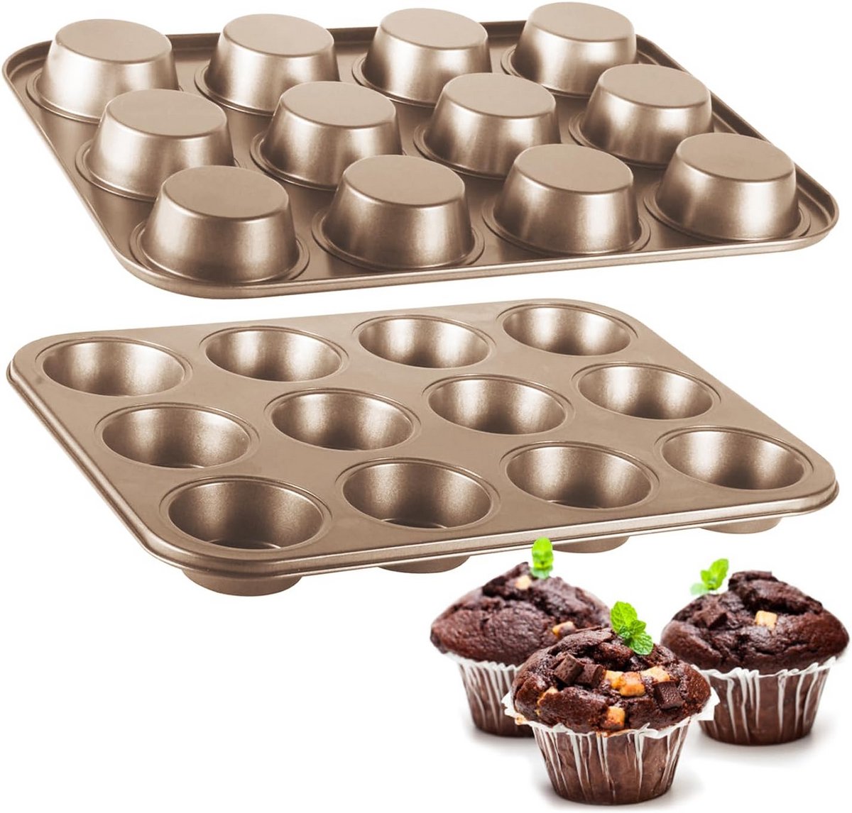 2x Bakvorm Muffins en Cupcakes - 12 Holtes - Antiaanbaklaag - Hittebestendig