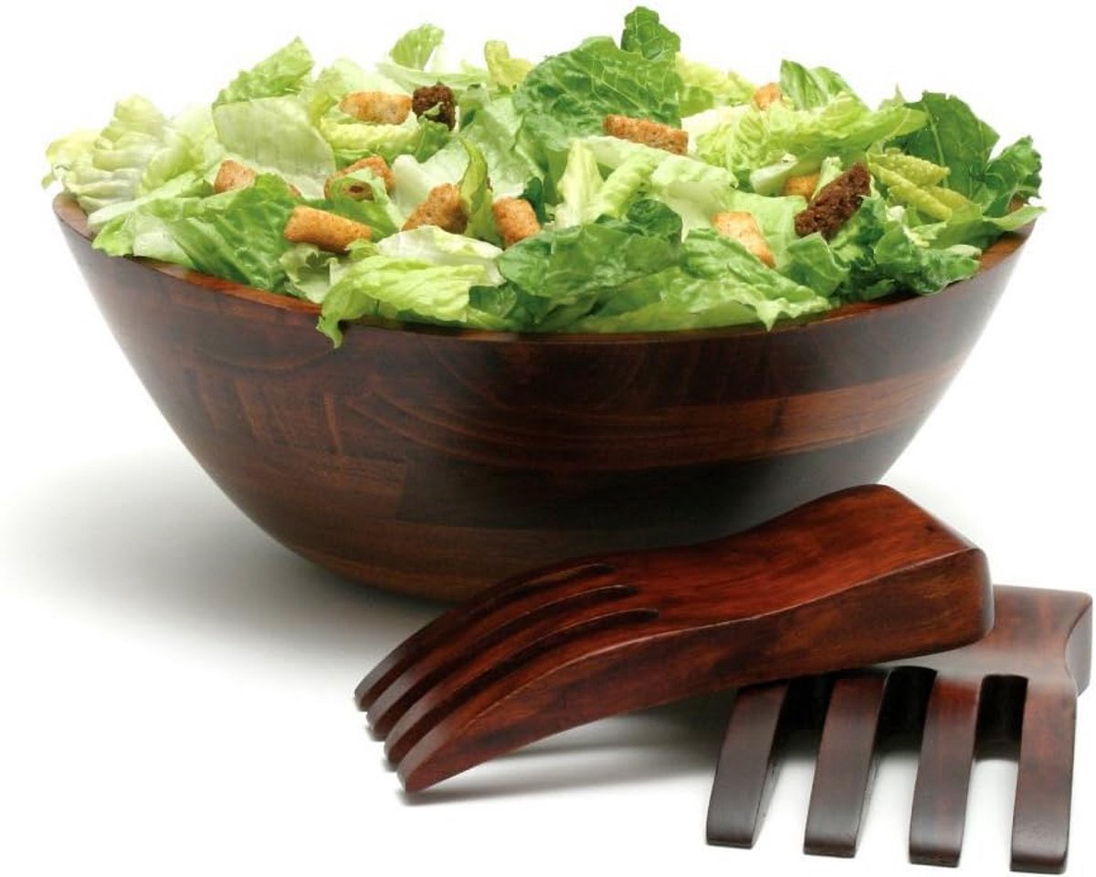 Grote Houten Saladekom met Golvende Rand en 2 Saladebestek, 3-Delige Set