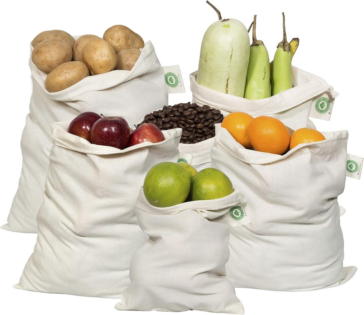 Set van 6 Herbruikbare Groenten- en Fruitnetten van Biologisch Katoen