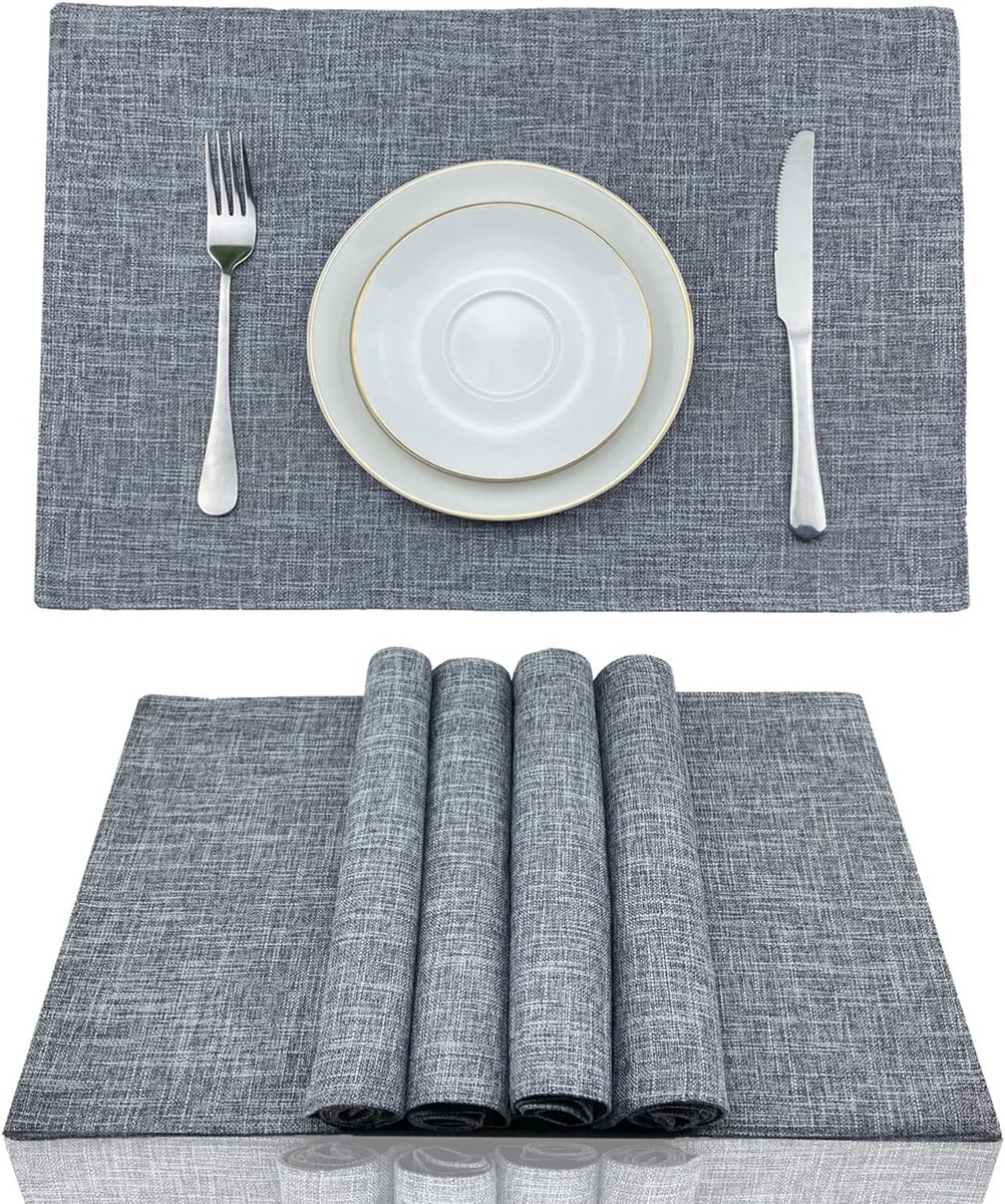 Set van 6 Grijze Placemats Katoen Linnen 13x19 inch Hittebestendig en Wasbaar