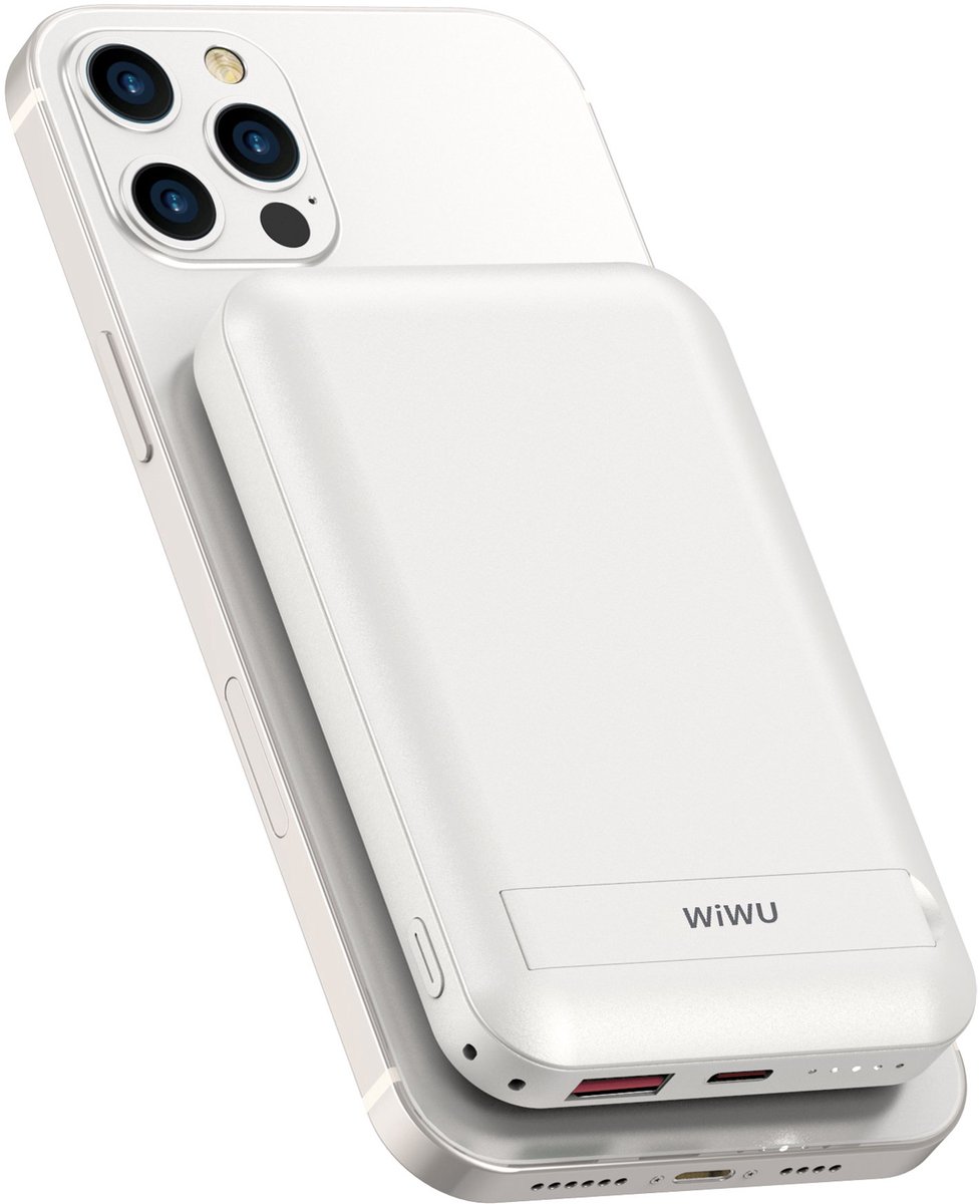 WiWU Powerbank 10000mAh - Geschikt voor Magsafe - Type-C en USB-A ingang - met Kickstand - Wit