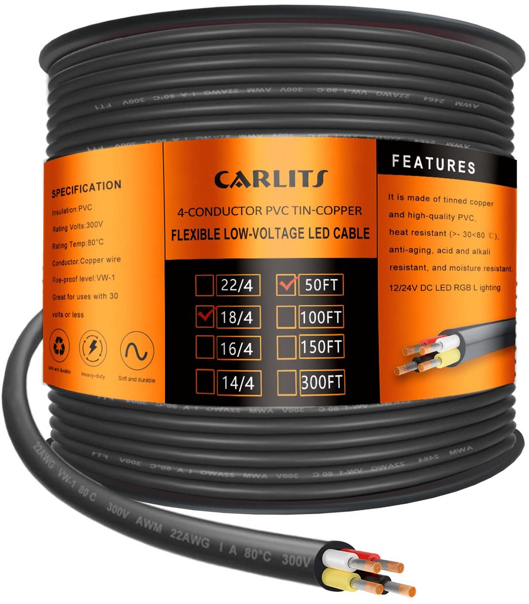 Flexibele 4-aderige Stroomkabel 18AWG Laagspanning voor LED en Elektronica