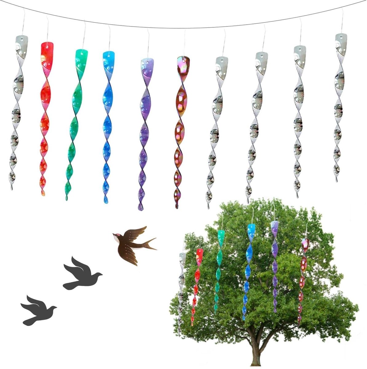 Allecto - Reflectieve Vogelverschrikker - Windspiralen - 10 Stuks - Kleurvol - Vogels Afschrikken - Tuin Decoratie - Geschikt voor Balkon - Kleurvo...