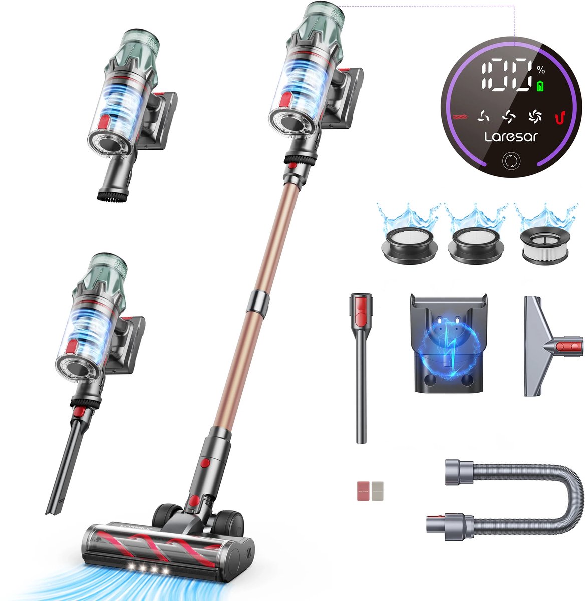 Mosh Stories Draadloze Steelstofzuiger – 600W – Zakloos - HEPA Filter – 60 Min Accu – Turbo Borstel – Snoerloos - Met Opzetstukken