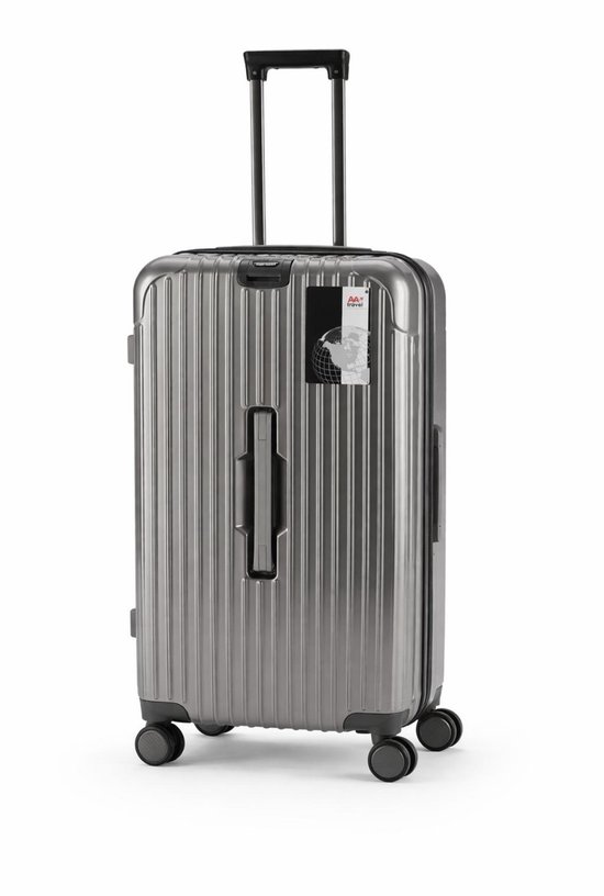 Zilverkleurige koffer met ribbelpatroon, TSA-slot en logo op de voorkant.