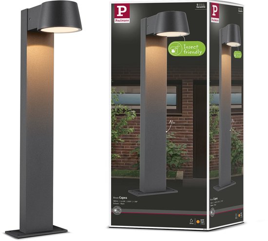 Antracietkleurige staande buitenlamp van Paulmann, met verpakking en insectenwerend icoon.