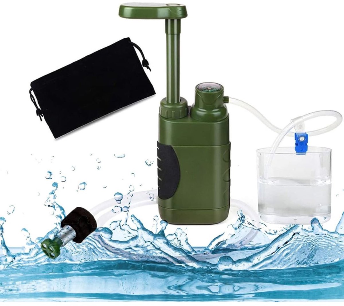 RONN® Waterzuiveringsapparaat - Draagbare Waterfilter Kan 5000 l Filteren - Waterzuiveringssysteem Outdoor Met Opbergtas - Legergroen - 8cm x 5cm x 24cm