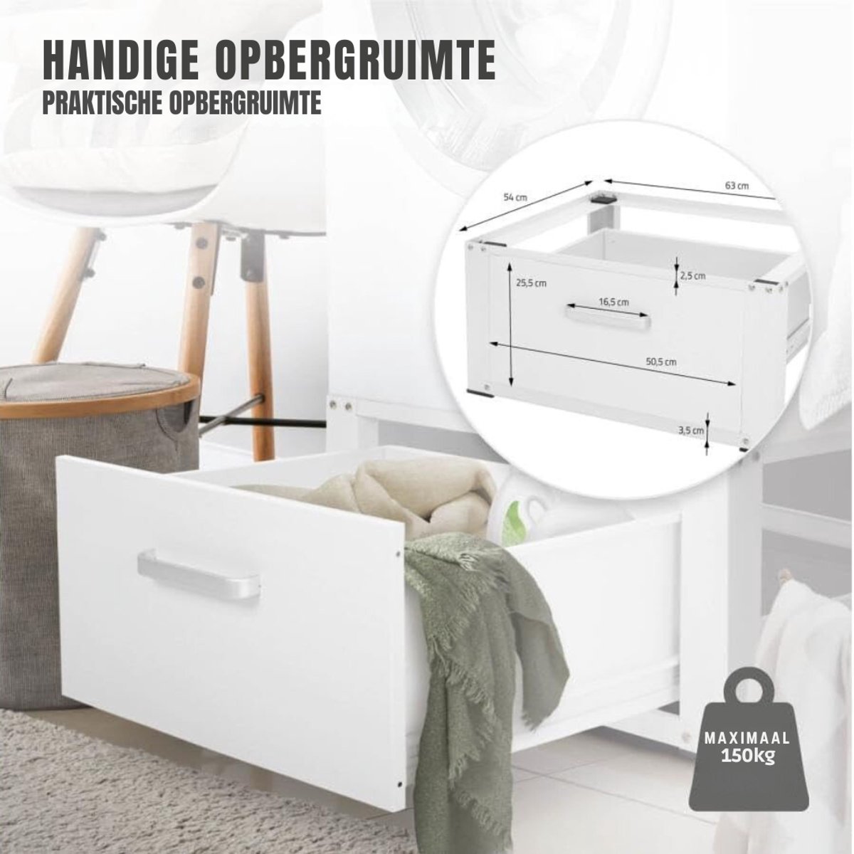 RONN® Wasmachine Verhoger - Wasmachine Verhoger met Lade - Wasmachine Sokkel Met Laadcapaciteit tot 150 KG - Wit - 63cm x 54cm x 32cm ;9kg thumbnail 3