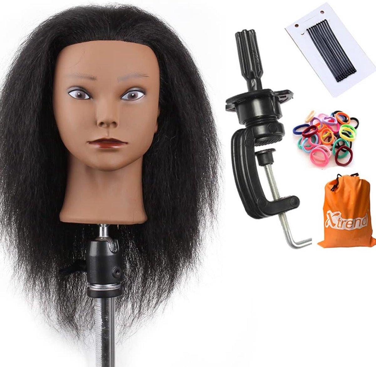Mannequin Head met 100% Echt Haar - Haarstyling en Vlechten Oefenhoofd voor Kappersopleiding inclusief Tafelklem Stand