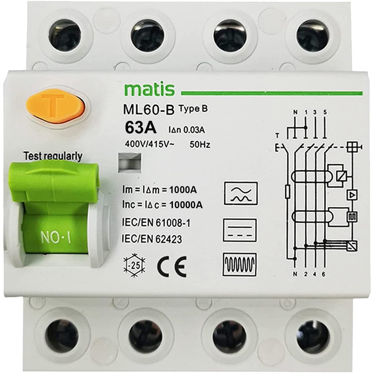 4-Polige Foutstroomschakelaar Type B 63A 30mA voor Installatiebeveiliging
