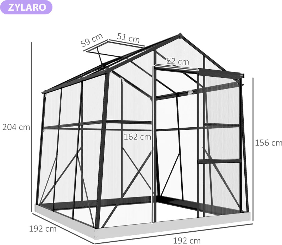 Kas met Schuifdeur en Schuifraam - Weerbestendig - Tuinkas - Broeikas - Kweekkas - Tomatenkas - Groentekas - Plantenkas - voor Groenten, Bloemen, Planten - 192 x 192 x 203 cm - Aluminiumlegering + Polycarbonaat - Zwart – foto 4