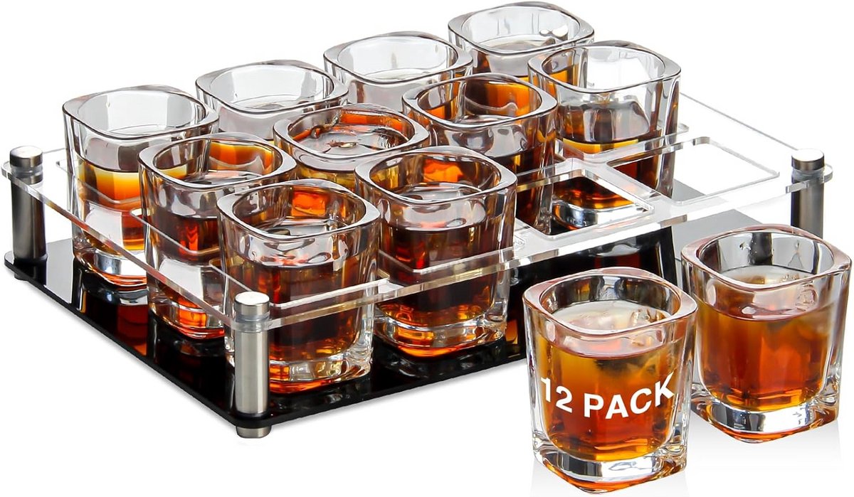 Set van 12 vierkante shotglazen met onderzetters, zware bodem voor sterke drank