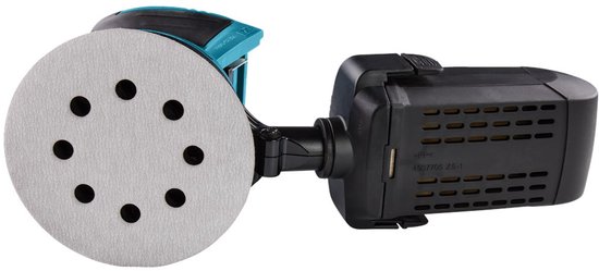 Schuurmachine met een ronde schuurzool met zeven gaten, turquoise en zwart.