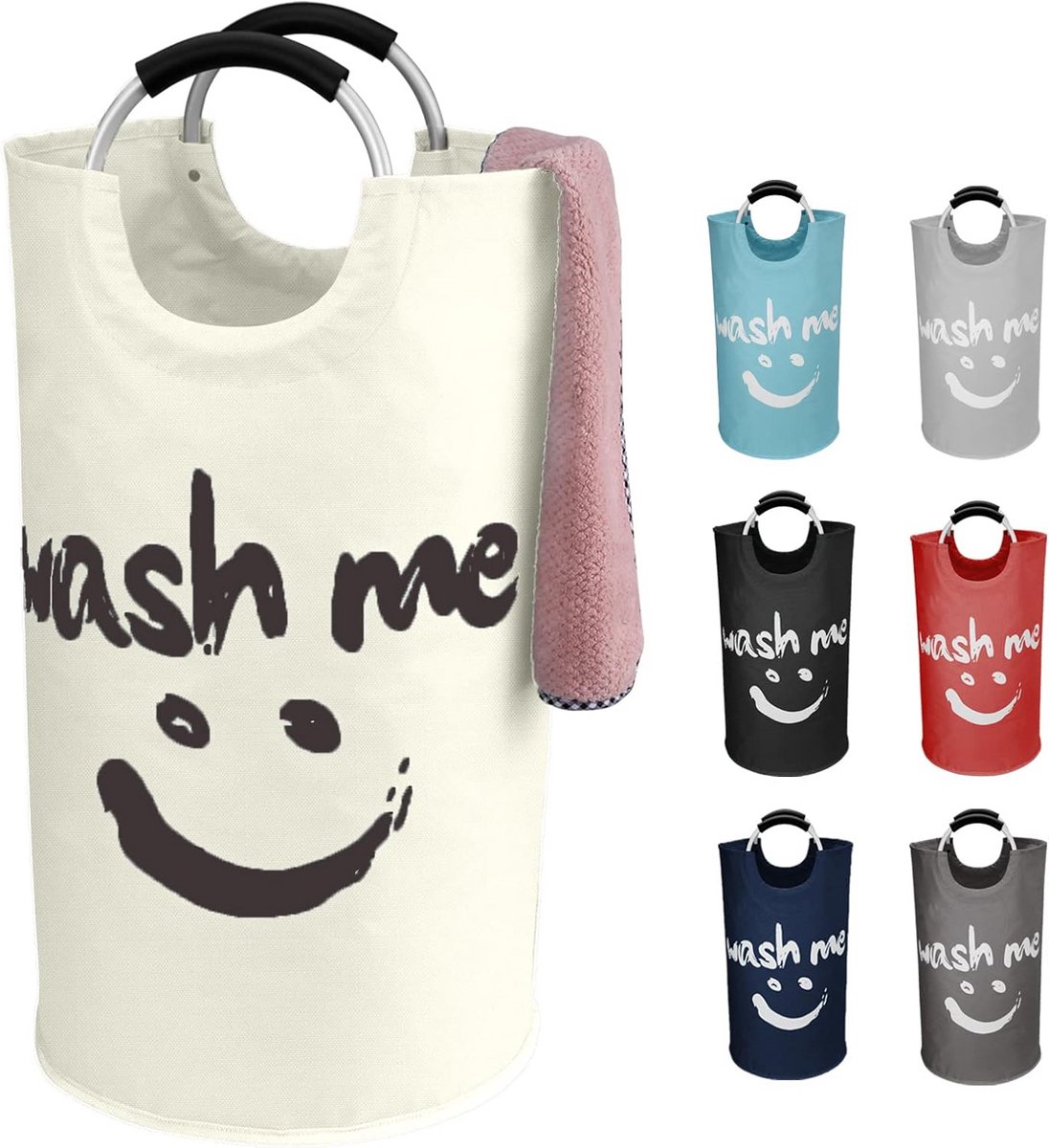 Opvouwbare Wasmand met Handvat en Smiley-Patroon - 95 Liter Beige