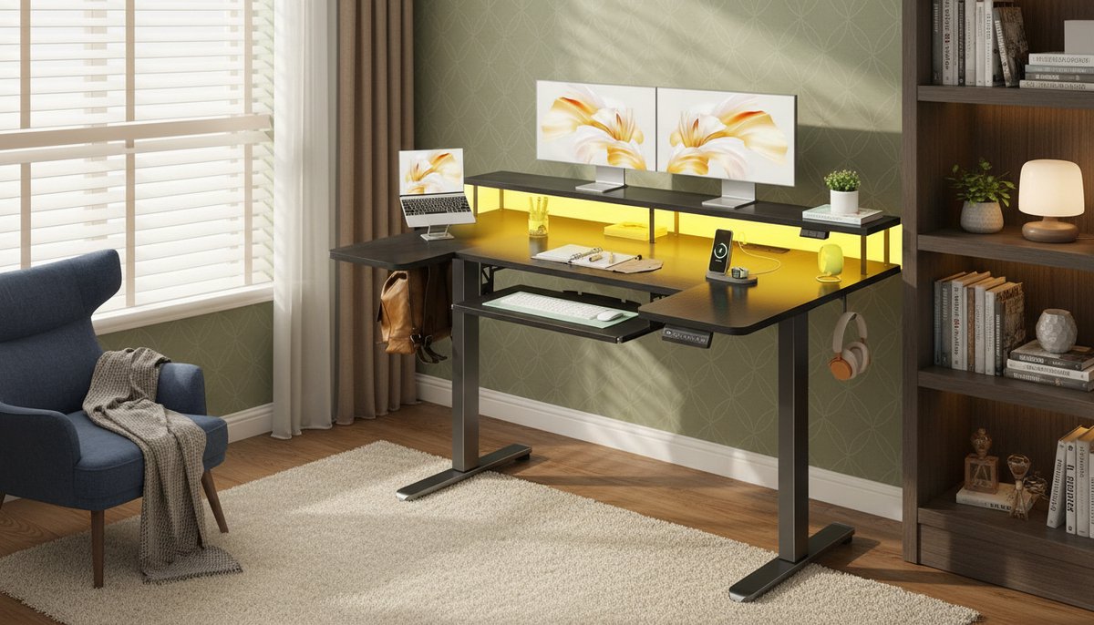 Elektrisch Zit-Sta Bureau 140 cm – Casa Velluto Titan Max | U-vormig In Hoogte Verstelbaar Bureau met Monitorstandaard, USB & Stopcontacten | LED Gaming Bureau | Zwart