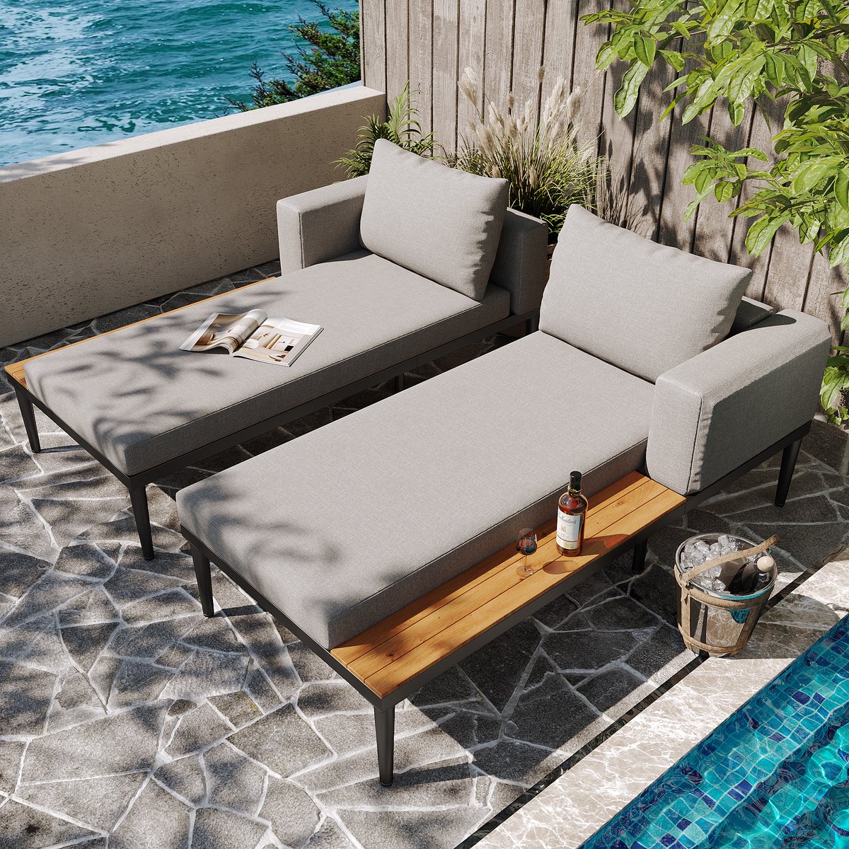 HAUSS SPOLE Loungebed 150 X 140 X 30 Cm - Deelbaar Tot 2 Zitbanken - Waterafstotend Kussen - Voor Tuin Balkon - Metaal Grijs