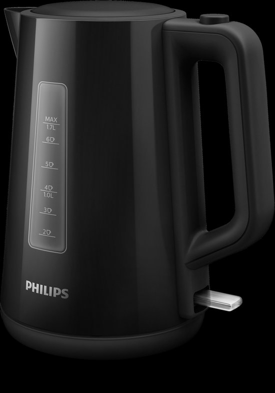 Zwarte Philips waterkoker met waterniveau-indicator en verlichte schakelaar.