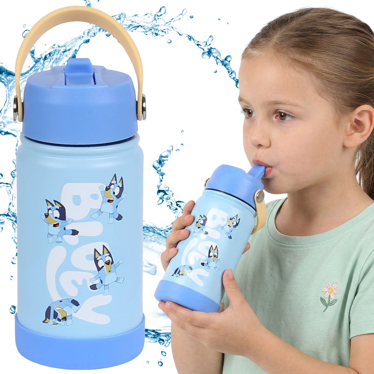 BLUEY Stalen waterfles met tuit en handvat, voor meisjes 350ml