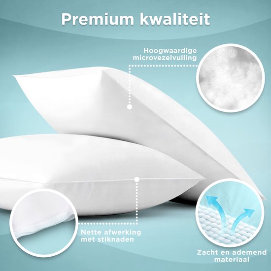 Twee witte CozySense kussens. Details van stiksels en microvezelvulling. 'Premium kwaliteit'.