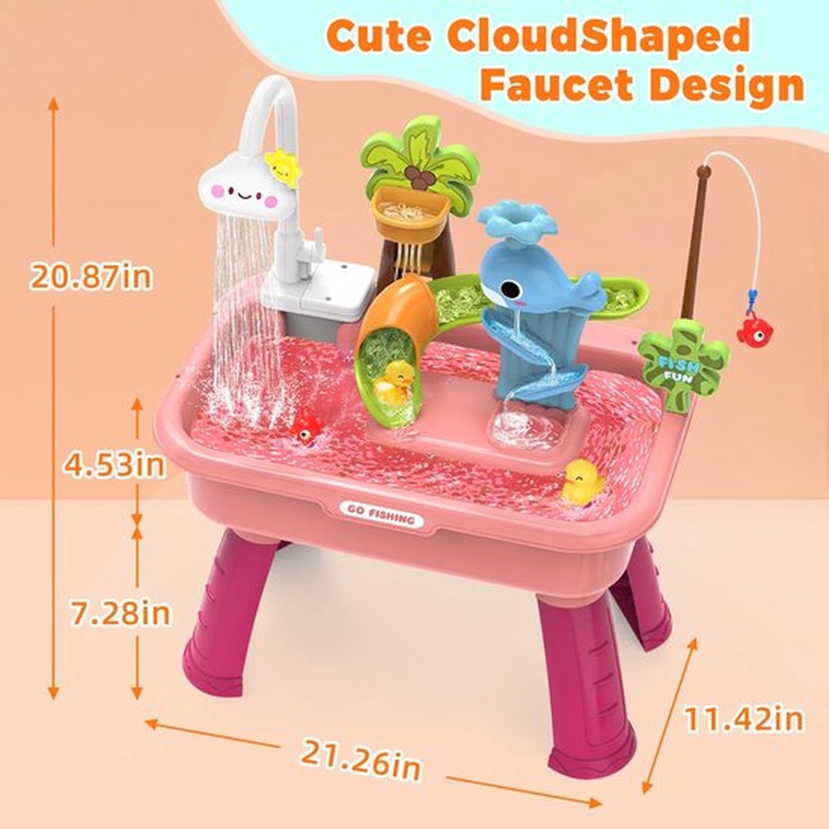 Watertafel Voor Peuters Van 4-13 Jaar, Watertafel Met Pomp, Speelgoedkeukenset Voor Kinderen Van 4-8 Jaar, Speelgootsteen Met Stromend Water En Elektrische Kraan, Inclusief Speelgroenten, Servies En Visspel (roze) — afbeelding 5