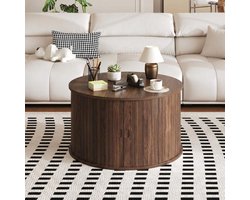 Meubels - Salontafel - Ronde salontafel van 71 cm met opbergruimte - Mid-century moderne geribbelde bijzettafel met schuifdeur - Ronde salontafels voor eikenhouten woonkamer, hal, studeerkamer