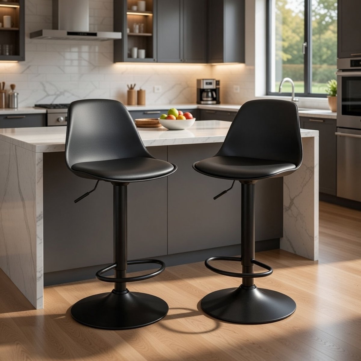 Luxe 2-Persoons Draaibare Barkrukken met Hoogteverstelling – Modern Kunstleer Barstoelen met Rugleuning en Voetensteun – Zwart – Voor Keuken, Bar en Eetkamer Casa Serena – Afmetingen op aanvraag – ...