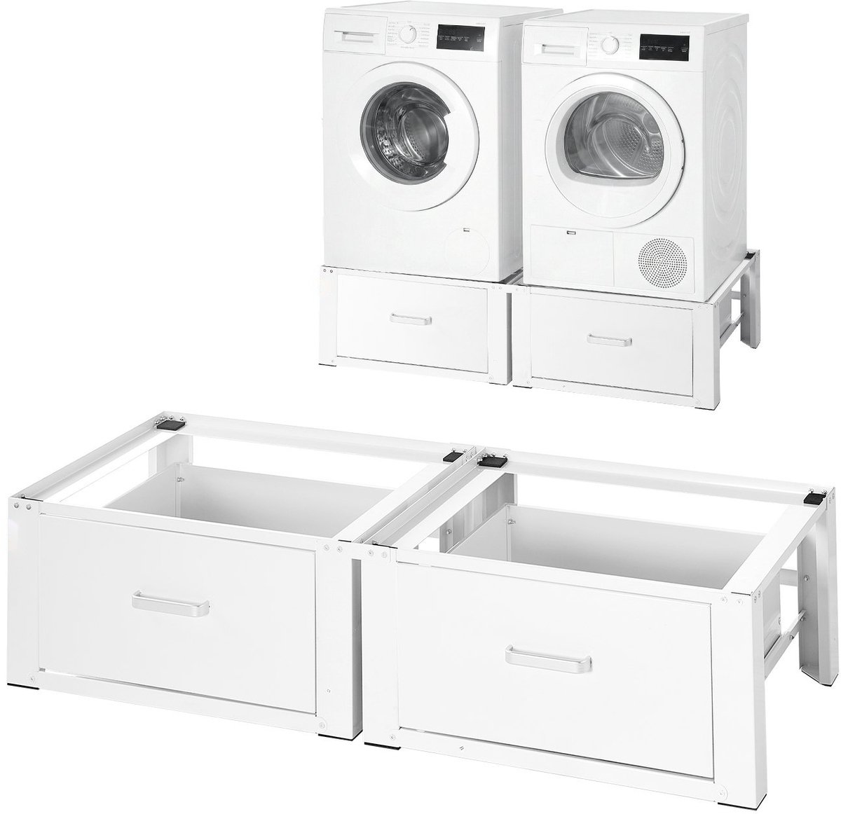 Wasmachine- en drogerverhoger - Onderstel met Lade - Hoogte 29 cm - Draagvermogen 150 kg - Antislipvoeten - Stalen Frame - Universeel Compatibel - Set van 2 - Wit