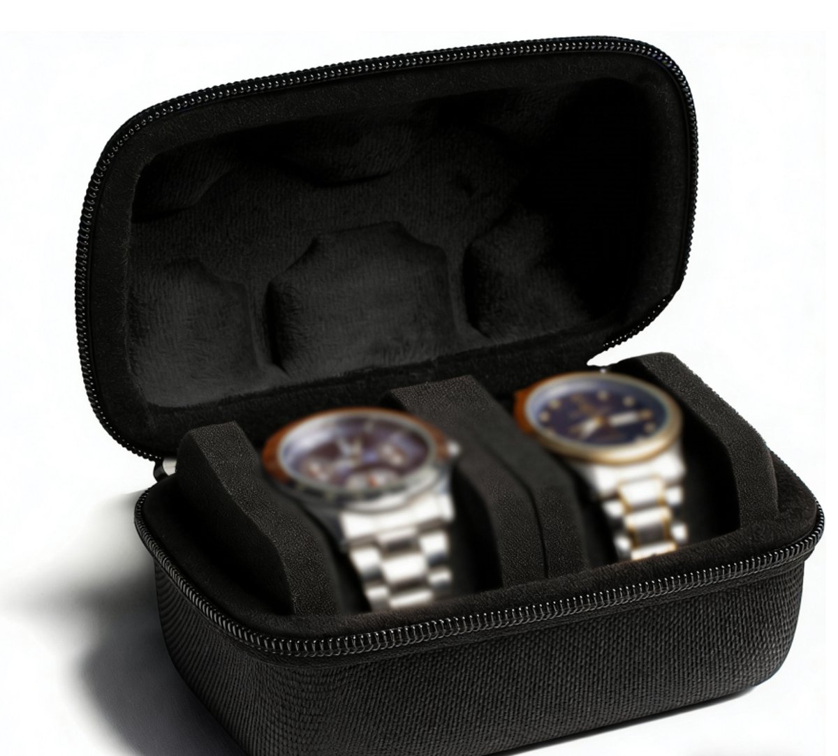 Horlogedoos van hard plastic met ritssluiting, 2 compartimenten, inclusief een horlogekussen om verschuiving te voorkomen en schokabsorberende vulling. Zwart.