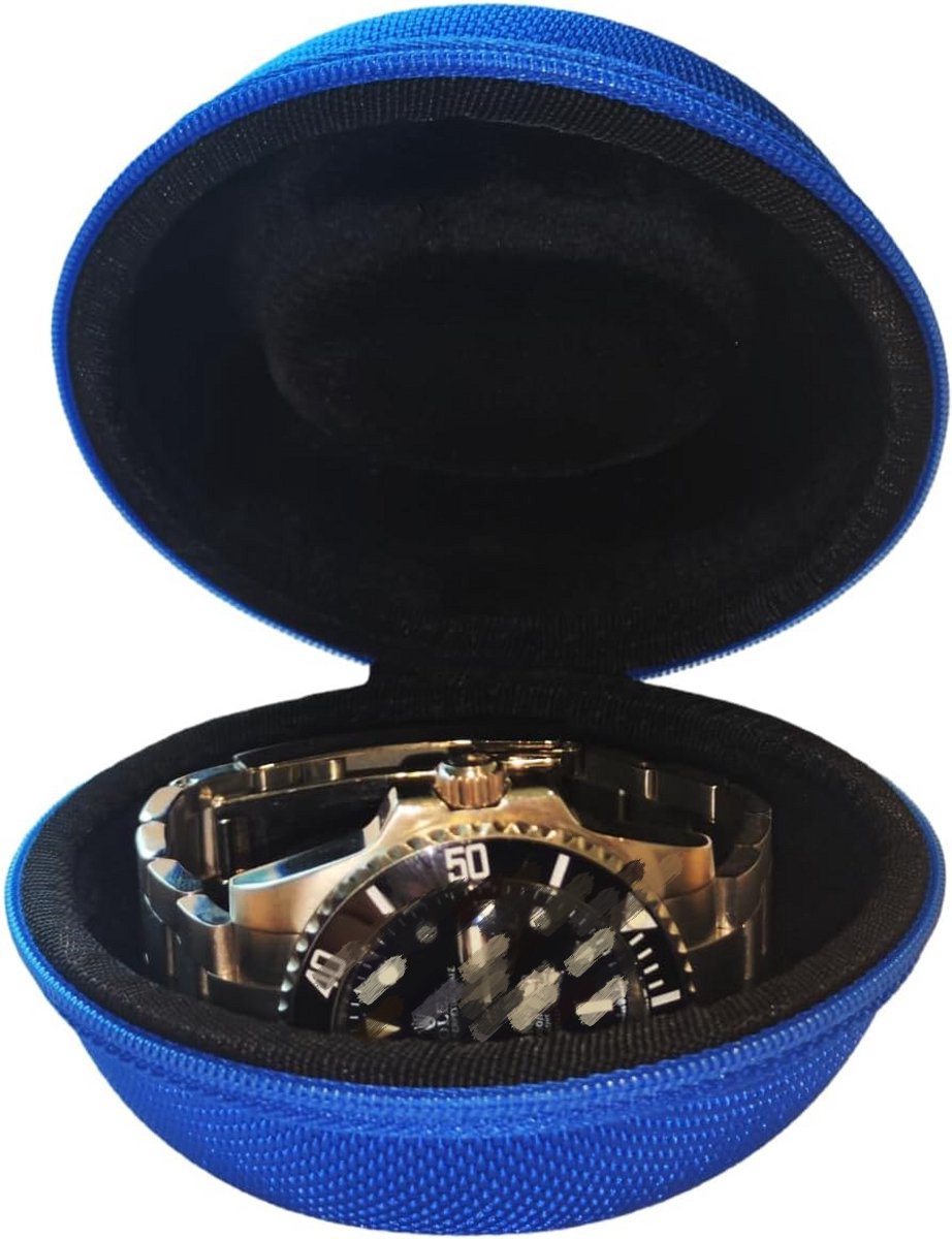 Draagbaar horlogeetui met ritssluiting, ergonomisch ontworpen om te voorkomen dat het horloge gaat schudden, geschikt voor horloges met een wijzerplaatdiameter van minder dan 50 mm, Blauw.