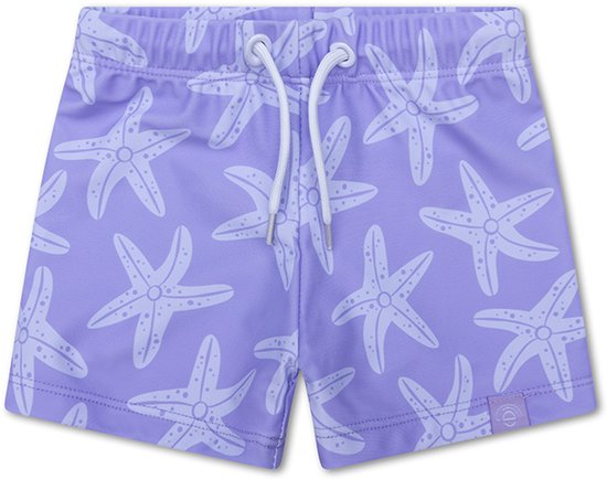 Paarse zwembroek voor jongens met witte zeesterprint en trekkoord.