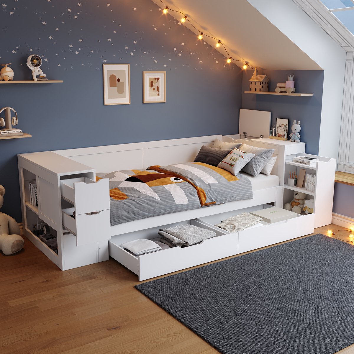 Slaapbank 90 x 190 cm - kinderbed - eenpersoonsbed - met lade en opbergruimte - zonder matras - wit