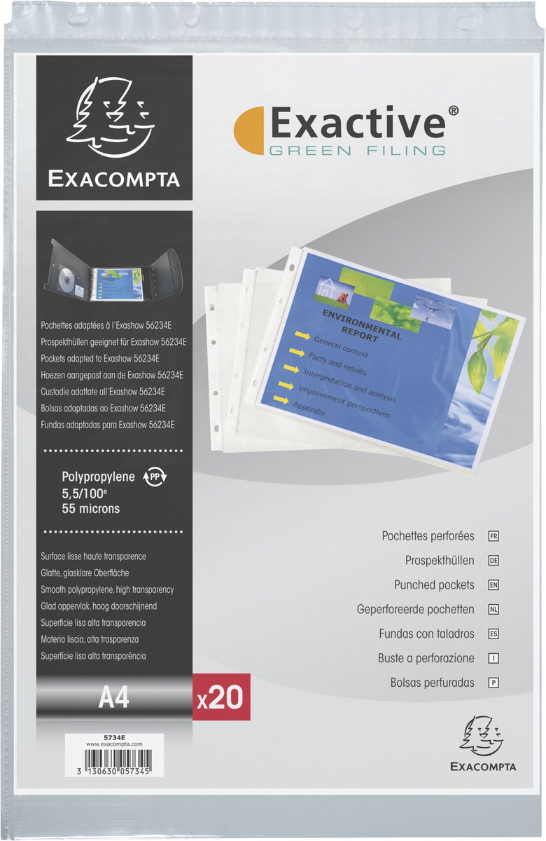 Exacompta 5x Exactive® Pak van 20 geperforeerde showtassen - gladde PP 5,5/100ste - A4 horizontaal - Transparant - 5734E