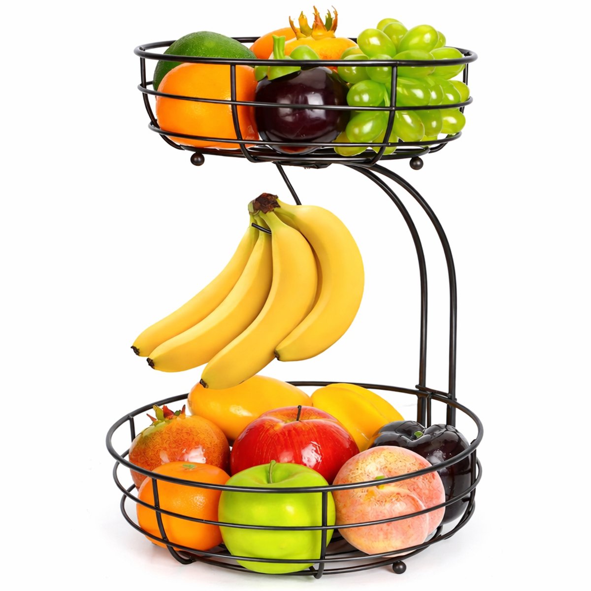 XEMM 2-Laagse Fruitschaal met Bananenhouder - Fruitmand - Ø28 x 35 cm - Grote Metalen Fruitschaal - Zwart