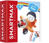 Doos met een oranje magnetisch vliegtuigje met piloot, blauwe wielen en propeller. "My First Plane" en "1-5 years" op de doos.