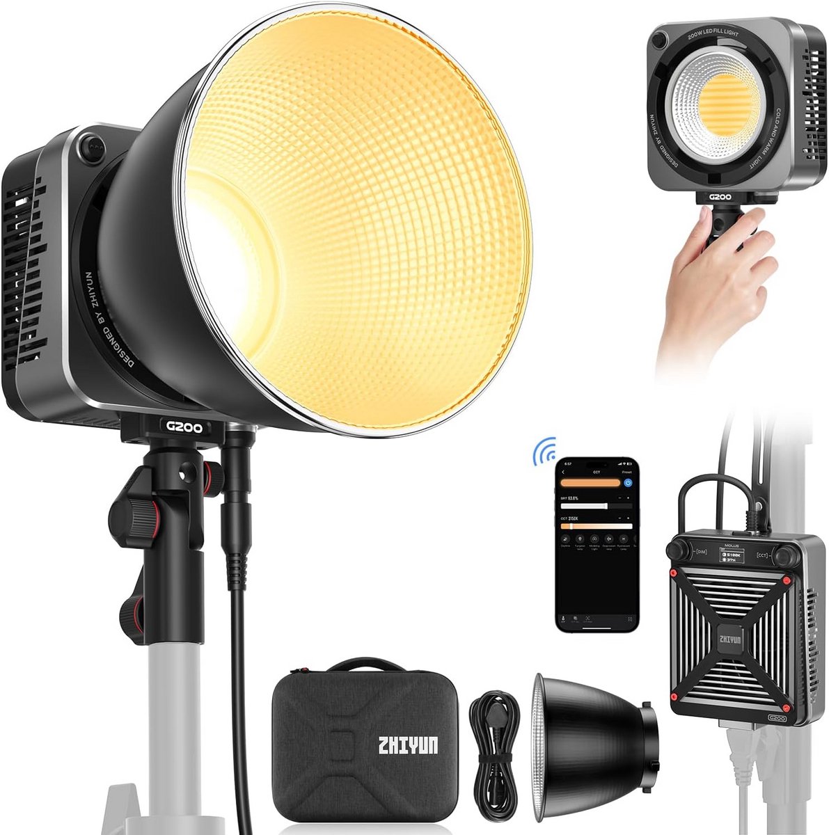 Videolamp 200W COB LED - Bi-Color Streaming Lamp met Bowens Mount en App-besturing