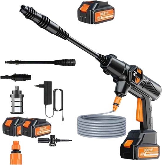 Draadloze hogedrukreiniger 21V 200 bar met 2 accu’s, 5m slang, verstelbaar mondstuk voor auto, tuin, terras
