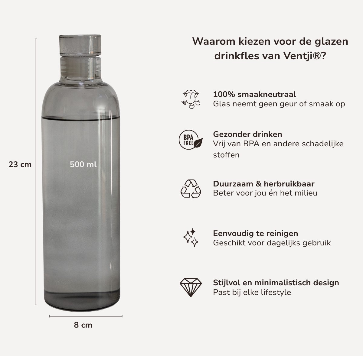 Ventji® Glazen drinkfles - 2 stuks - Waterfles glas - 500ML - Glazen dop - Duurzaam - Lekvrij - Smoked Black - Met Neopreen Beschermhoes — afbeelding 7