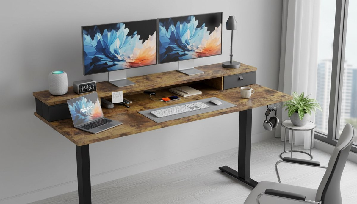 Electric Desk Casa Velluto ErgoPro 140x60 cm – In hoogte verstelbaar elektrisch bureau met geheugenfunctie, 2 laden, ergonomisch zit-sta bureau voor kantoor en thuis, bruin